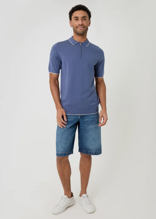 Threadbare Blue Knitted Quarter Zip Polo With Contrast Tipping - M Image 3