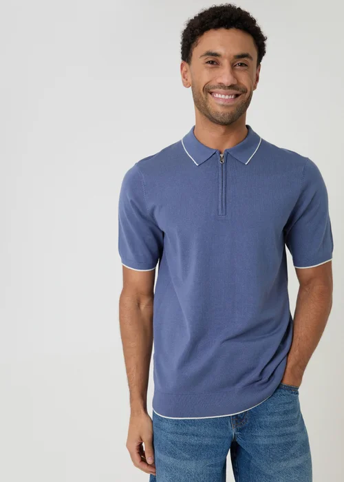Threadbare Blue Knitted Quarter Zip Polo With Contrast Tipping - M Image 1
