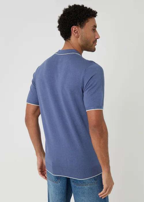 Threadbare Blue Knitted Quarter Zip Polo With Contrast Tipping - M Image 2
