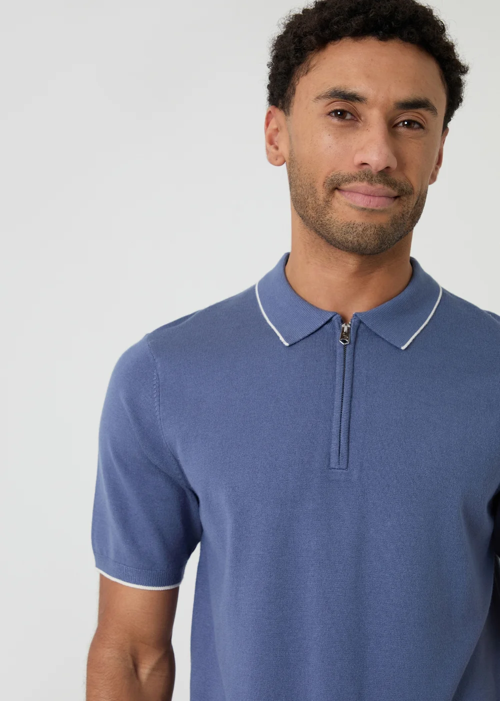Threadbare Blue Knitted Quarter Zip Polo With Contrast Tipping - M Image 4