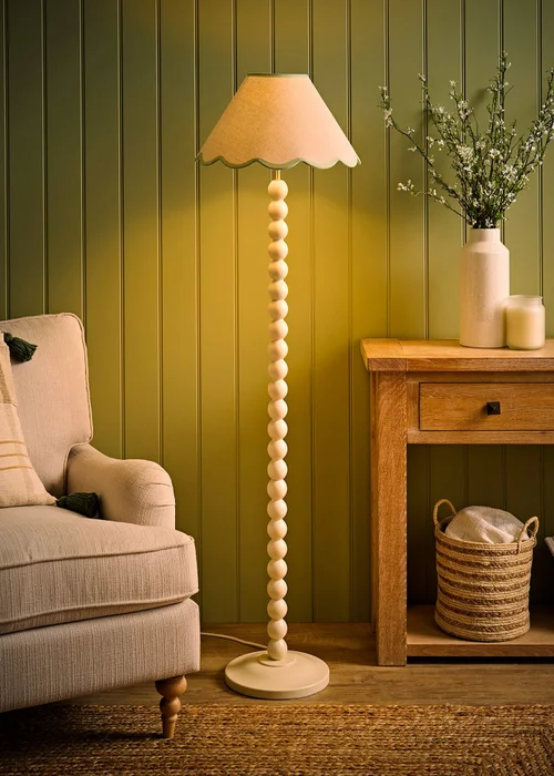 ValueLights Bobble Cream Floor Lamp with Green Trim Scallop Shade - One Size Image 1