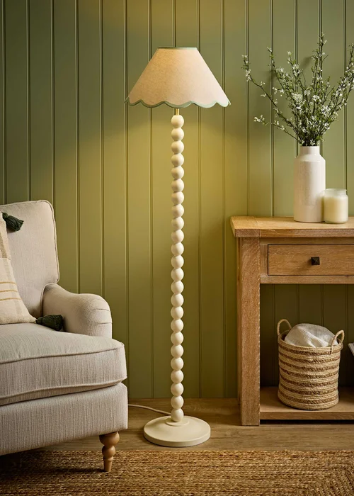 ValueLights Bobble Cream Floor Lamp with Green Trim Scallop Shade - One Size Image 5