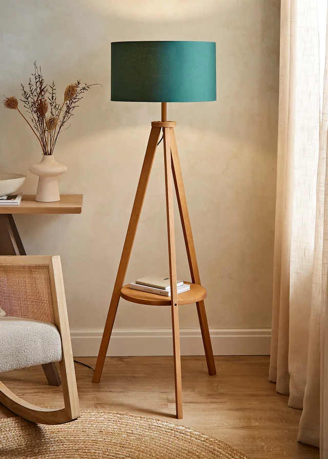 ValueLights Morrigan Shelf Floor Lamp Mid Wood with Forest Green Drum Shade