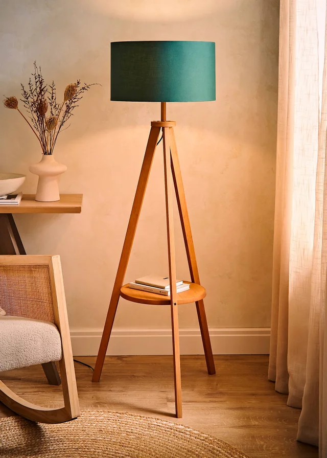 ValueLights Morrigan Shelf Floor Lamp Mid Wood with Forest Green Drum Shade