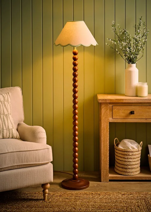 ValueLights Bobble Walnut Floor Lamp with Green Trim Scallop Shade - One Size Image 1