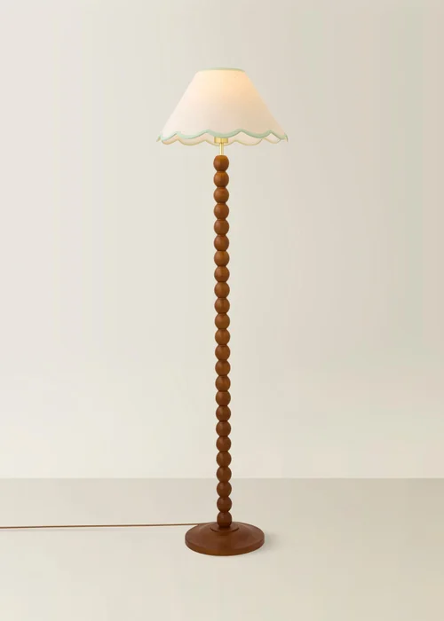 ValueLights Bobble Walnut Floor Lamp with Green Trim Scallop Shade - One Size Image 2
