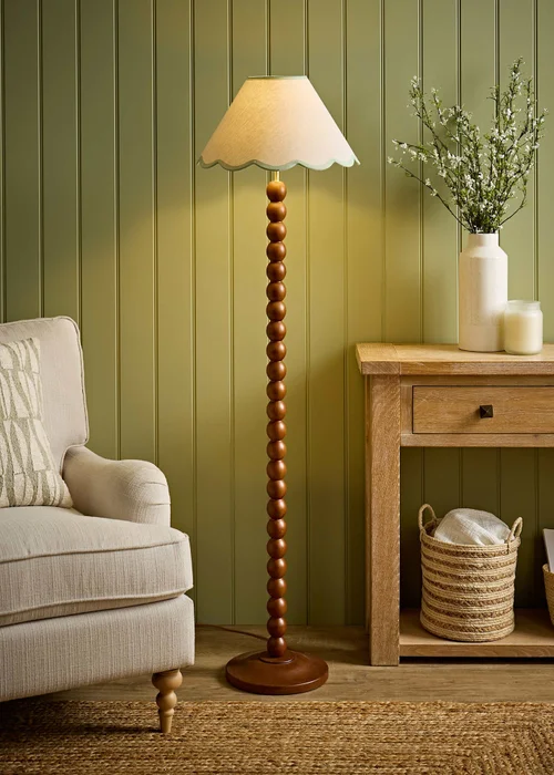 ValueLights Bobble Walnut Floor Lamp with Green Trim Scallop Shade - One Size Image 5