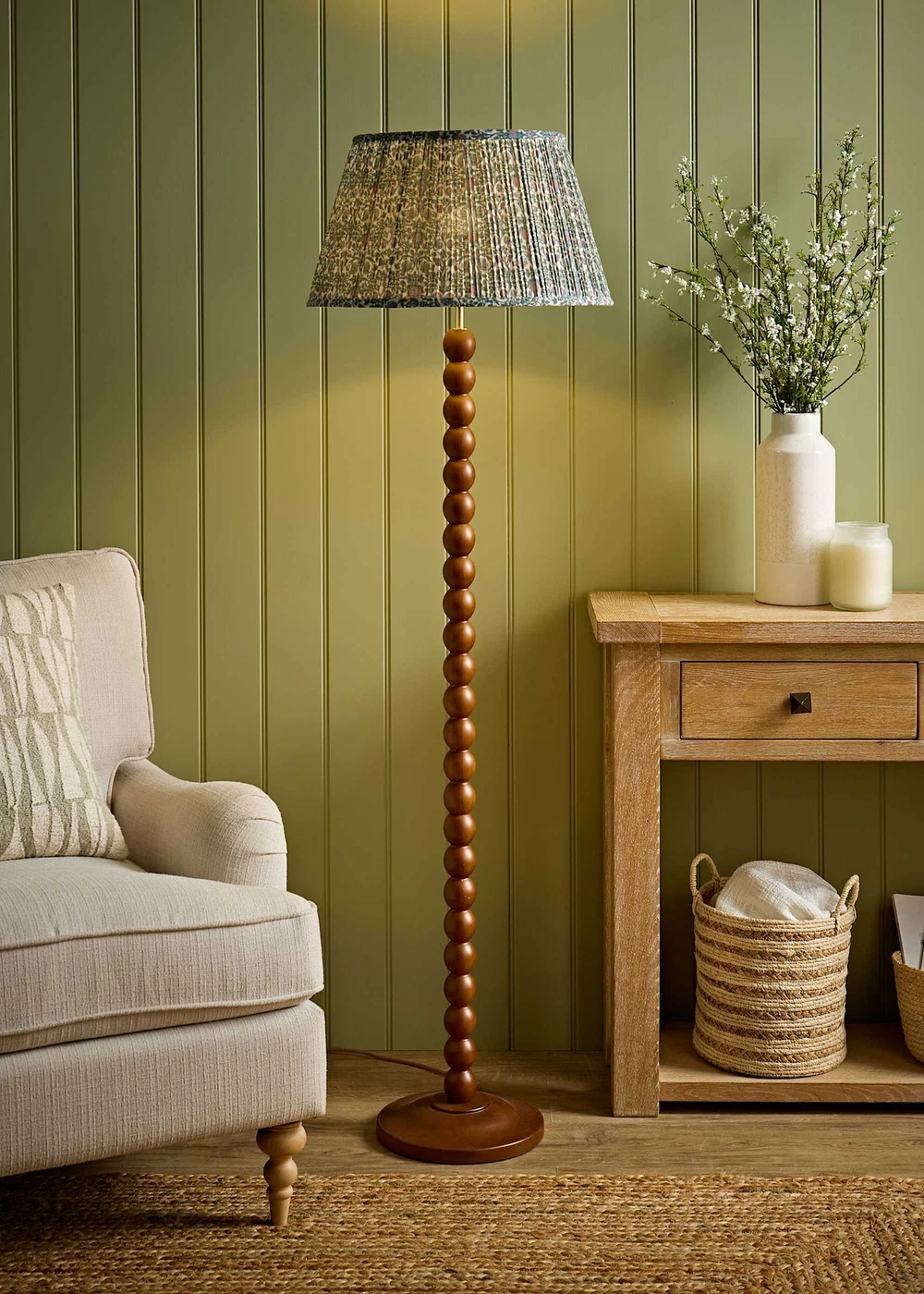 ValueLights Bobble Walnut Floor Lamp with Floral Pleated Shade - One Size Image 1