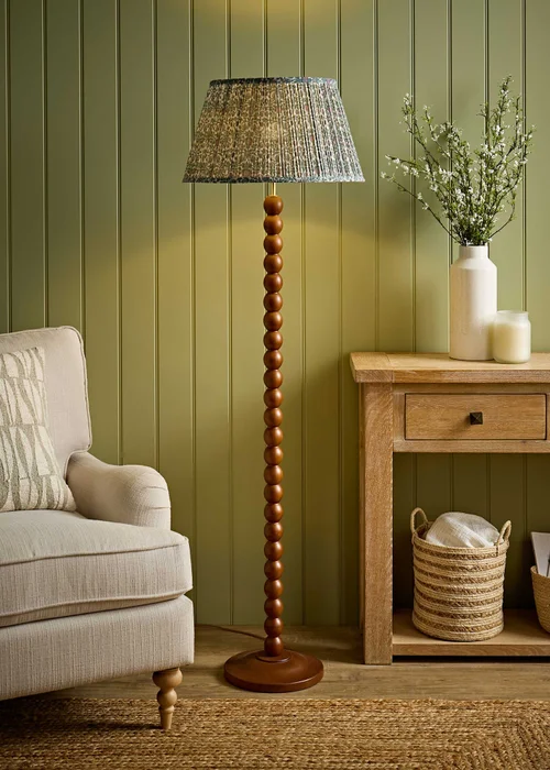 ValueLights Bobble Walnut Floor Lamp with Floral Pleated Shade - One Size Image 1