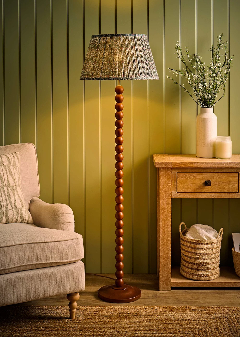 ValueLights Bobble Walnut Floor Lamp with Floral Pleated Shade - One Size Image 2