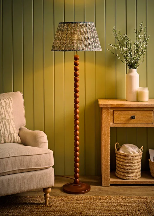 ValueLights Bobble Walnut Floor Lamp with Floral Pleated Shade - One Size Image 2