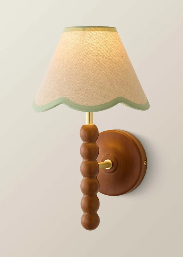 ValueLights Bobble Walnut Wall Light with Green Trim Scallop Shade