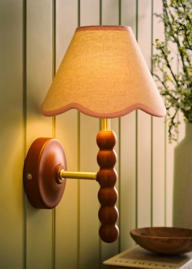 ValueLights Bobble Walnut Wall Light with Pink Trim Scallop Shade