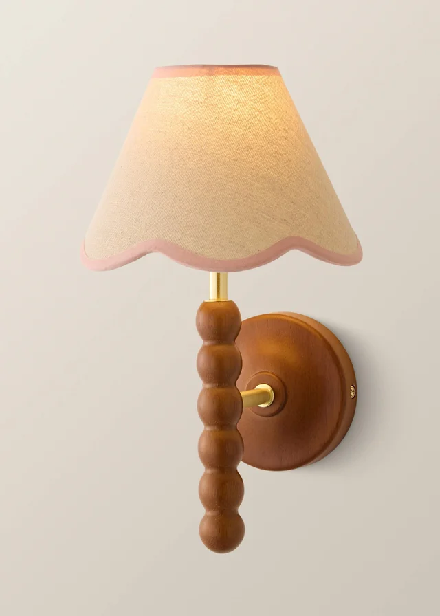 ValueLights Bobble Walnut Wall Light with Pink Trim Scallop Shade