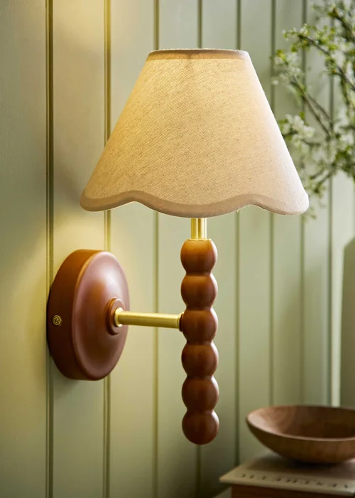 ValueLights Bobble Walnut Wall Light with Natural Trim Scallop Shade - One Size Image 5