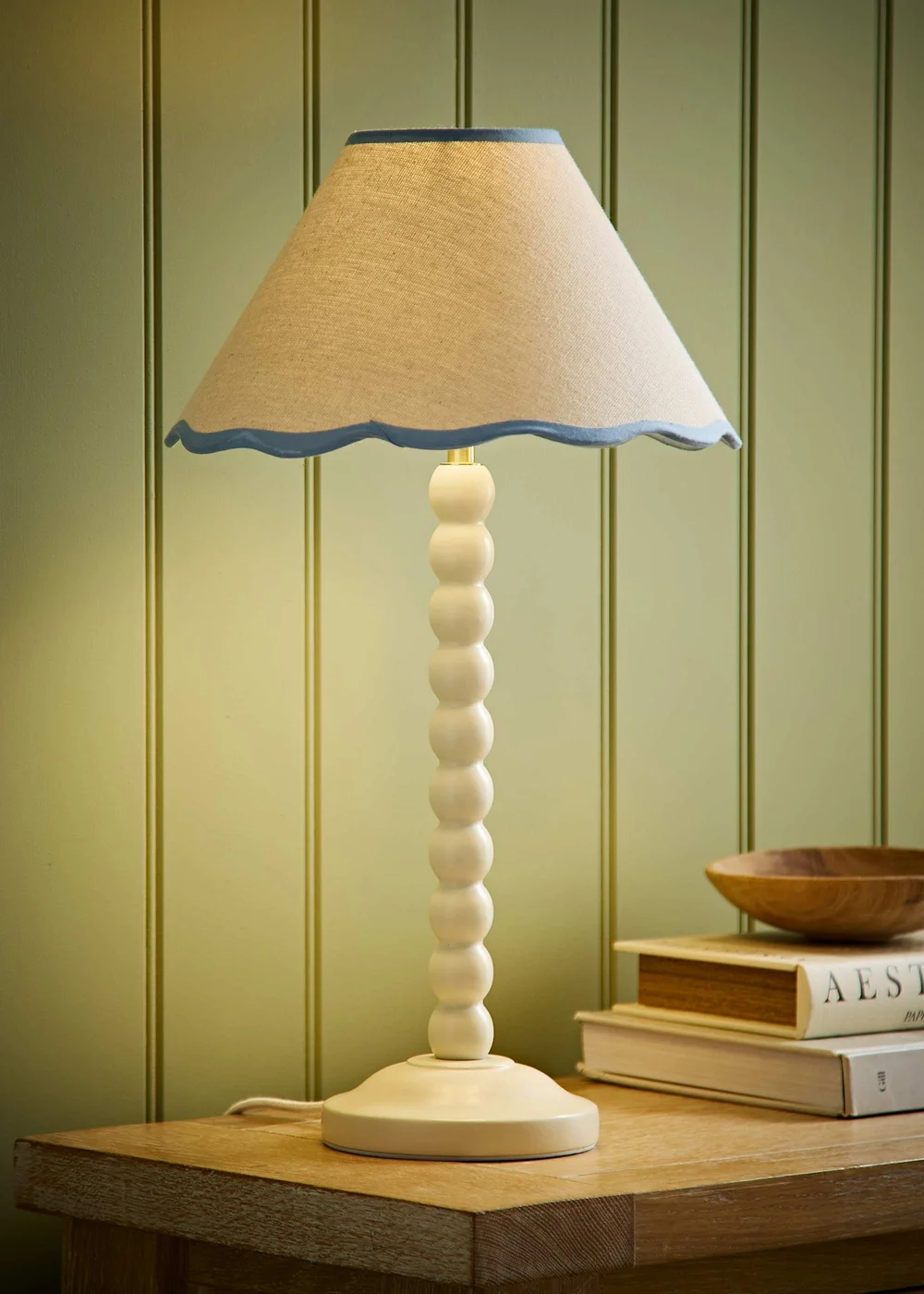ValueLights Bobble Cream Table Lamp with Blue Trim Scallop Shade - One Size Image 1