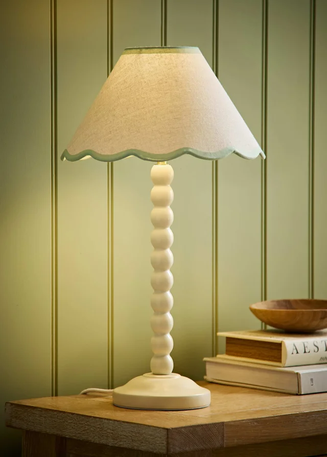 ValueLights Bobble Cream Table Lamp with Green Trim Scallop Shade