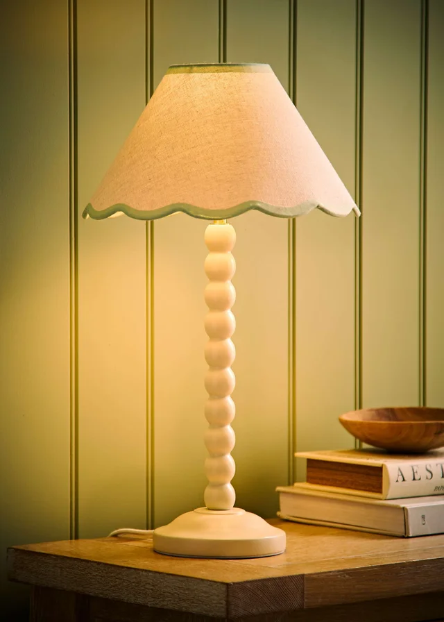 ValueLights Bobble Cream Table Lamp with Green Trim Scallop Shade