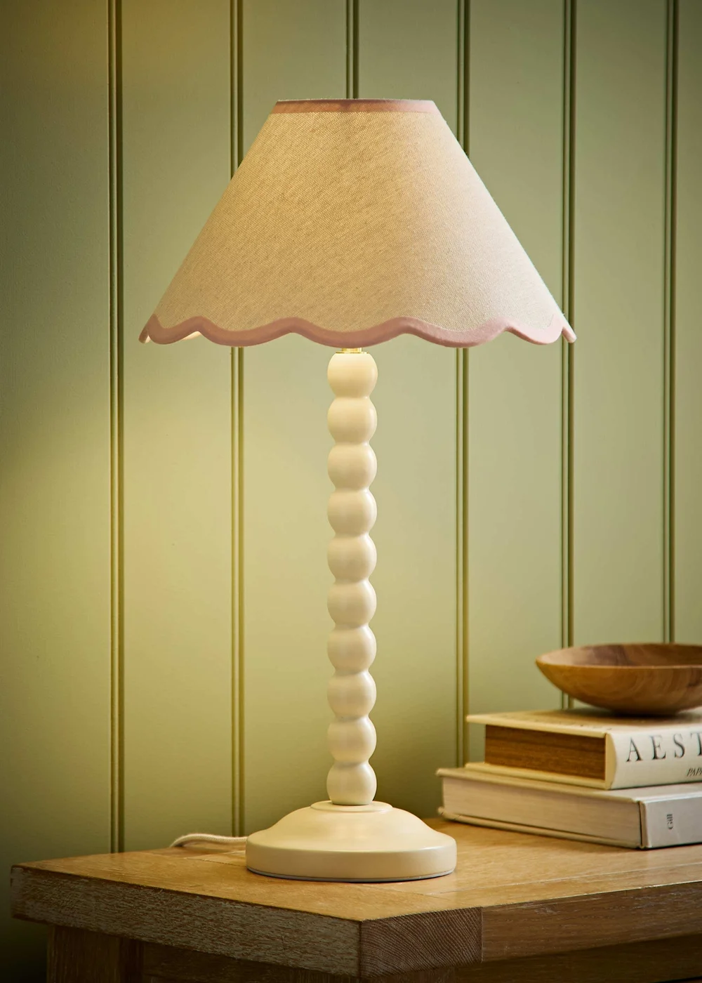 ValueLights Bobble Cream Table Lamp with Pink Trim Scallop Shade - One Size Image 1