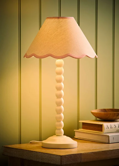 ValueLights Bobble Cream Table Lamp with Pink Trim Scallop Shade - One Size Image 2