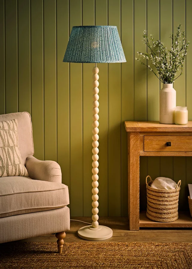 ValueLights Bobble Cream Floor Lamp with Blue Leaf Pleated Shade