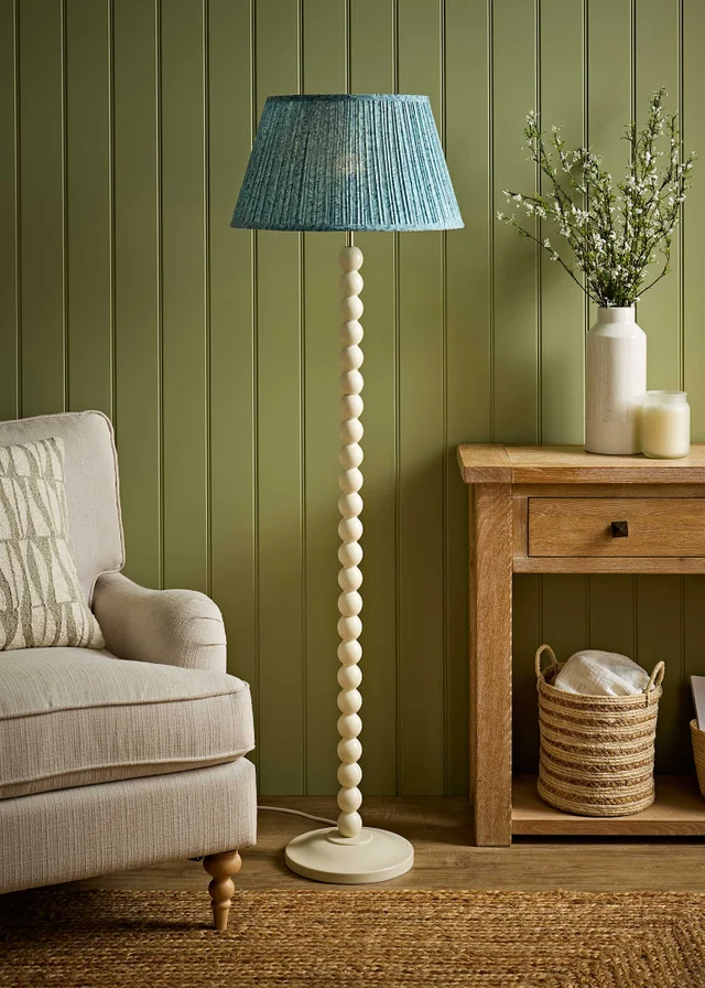 ValueLights Bobble Cream Floor Lamp with Blue Leaf Pleated Shade