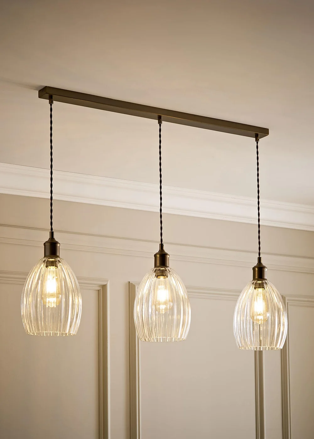 ValueLights Cheltenham Ribbed Glass Brushed Brass 3 Drop Diner Ceiling Light - One Size Image 1