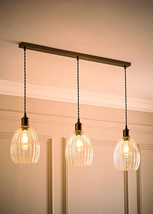 ValueLights Cheltenham Ribbed Glass Brushed Brass 3 Drop Diner Ceiling Light - One Size Image 2