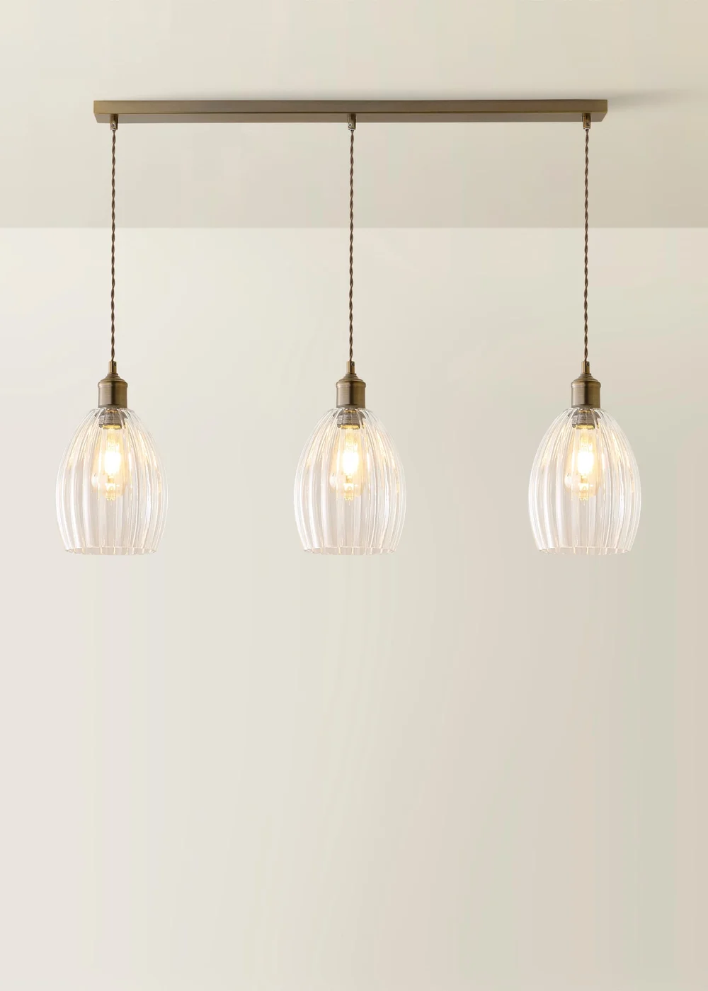 ValueLights Cheltenham Ribbed Glass Brushed Brass 3 Drop Diner Ceiling Light - One Size Image 3