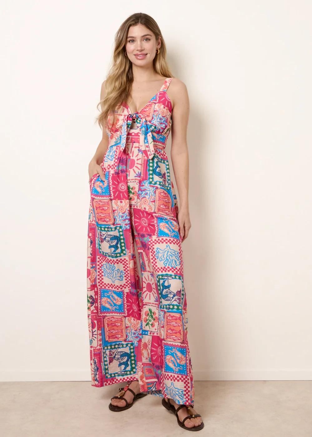 Blue Vanilla Pink Tie Front Jumpsuit In Postcard Print - S Image 3