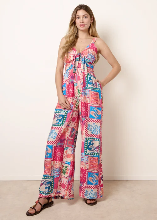 Blue Vanilla Pink Tie Front Jumpsuit In Postcard Print - S Image 1