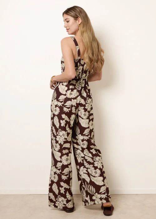 Blue Vanilla Brown Tropical Tie Front Jumpsuit - S Image 4