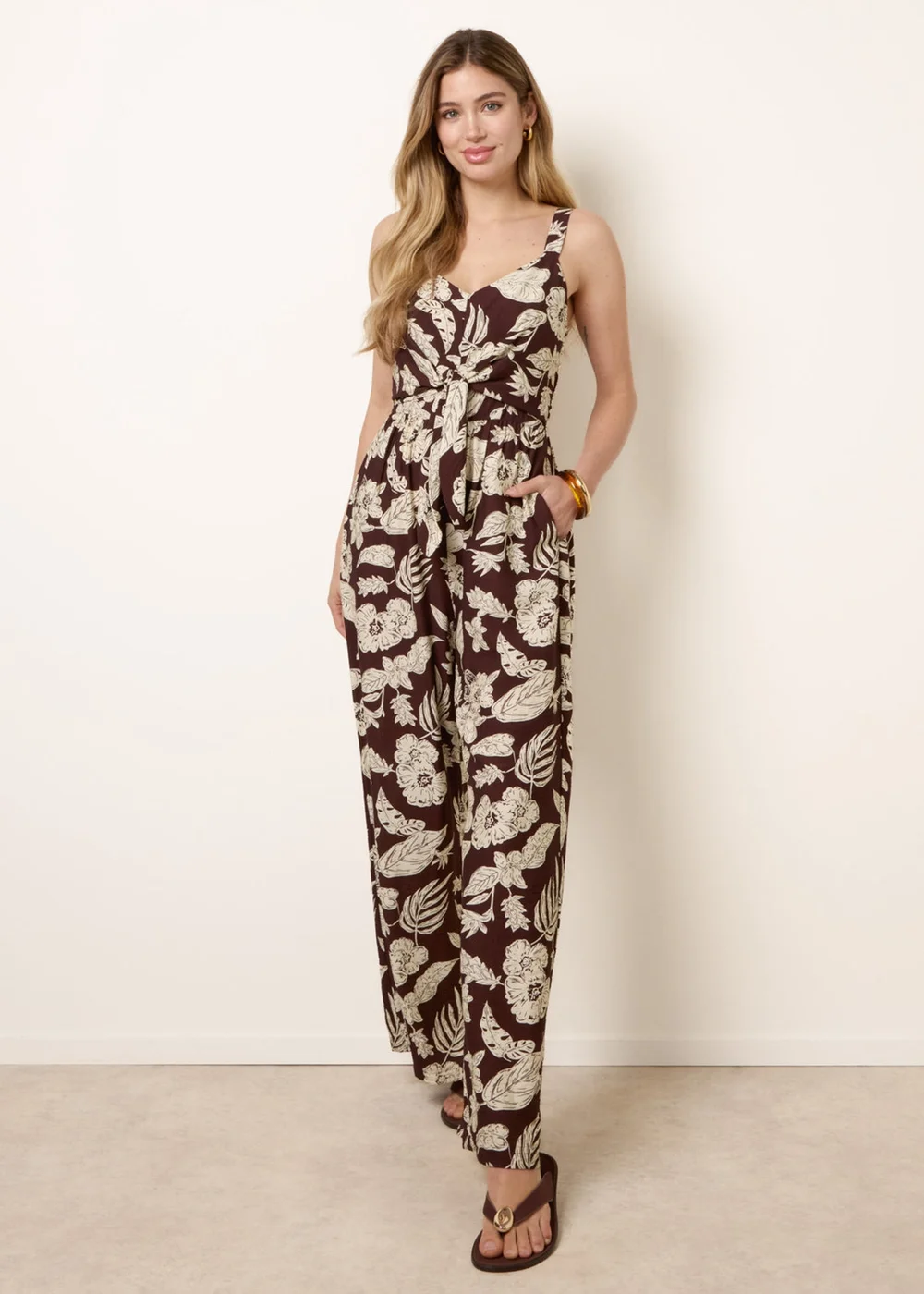 Blue Vanilla Brown Tropical Tie Front Jumpsuit - S Image 3