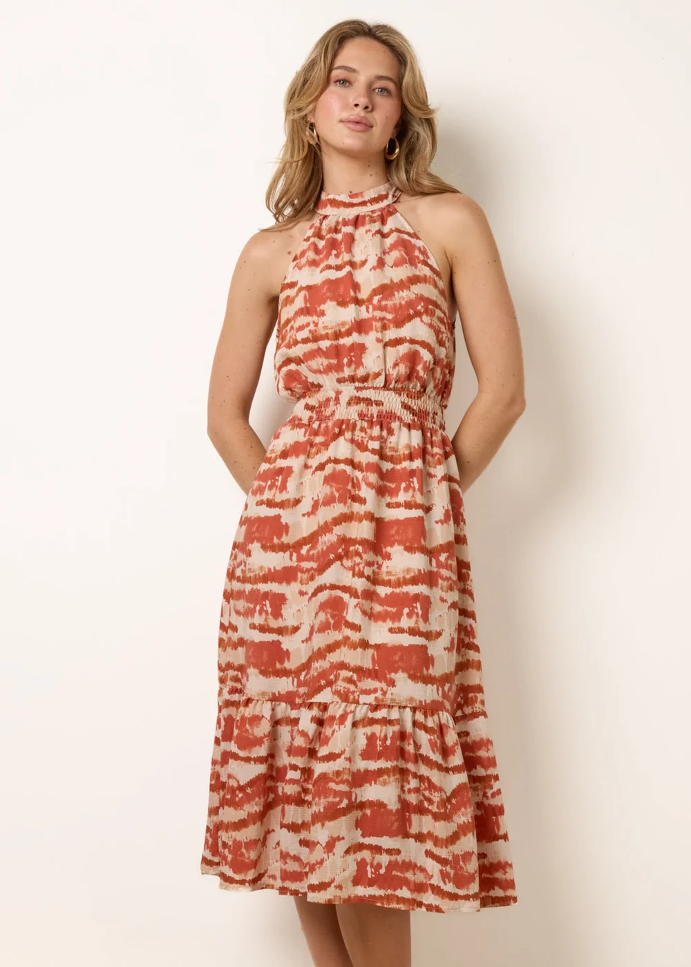 Blue Vanilla Red Blurred Tiered Halter Neck Midi Dress - XL Image 3