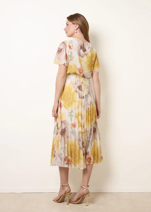 Blue Vanilla Yellow Pleated Scoop Neck Short Sleeve Floral Dress - S Image 4