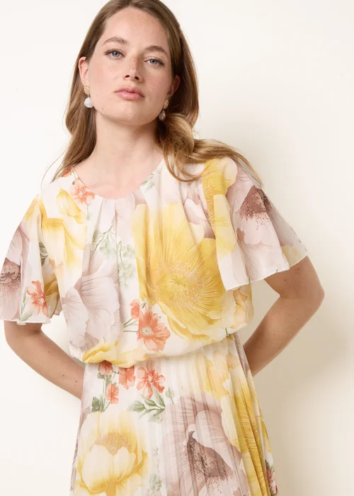 Blue Vanilla Yellow Pleated Scoop Neck Short Sleeve Floral Dress - S Image 3