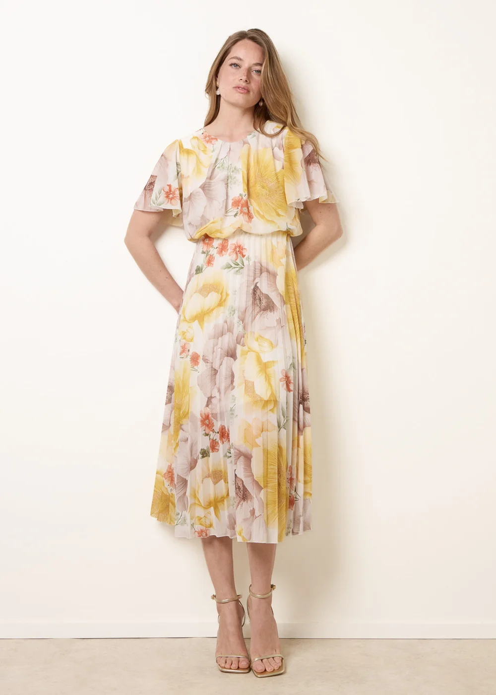 Blue Vanilla Yellow Pleated Scoop Neck Short Sleeve Floral Dress - S Image 1