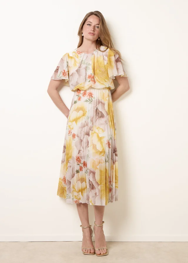 Blue Vanilla Yellow Pleated Scoop Neck Short Sleeve Floral Dress