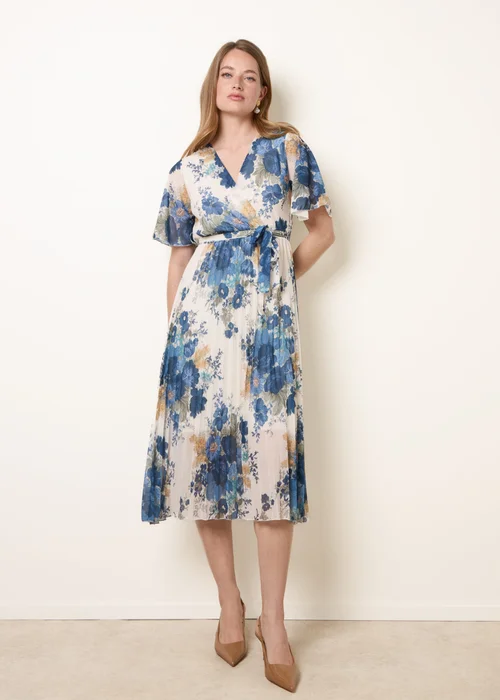 Blue Vanilla White Crossover Pleated Print Dress - L Image 1