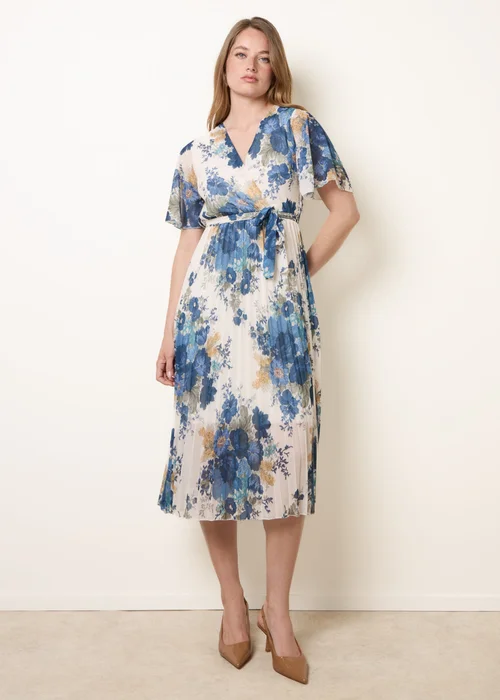 Blue Vanilla White Crossover Pleated Print Dress - L Image 3