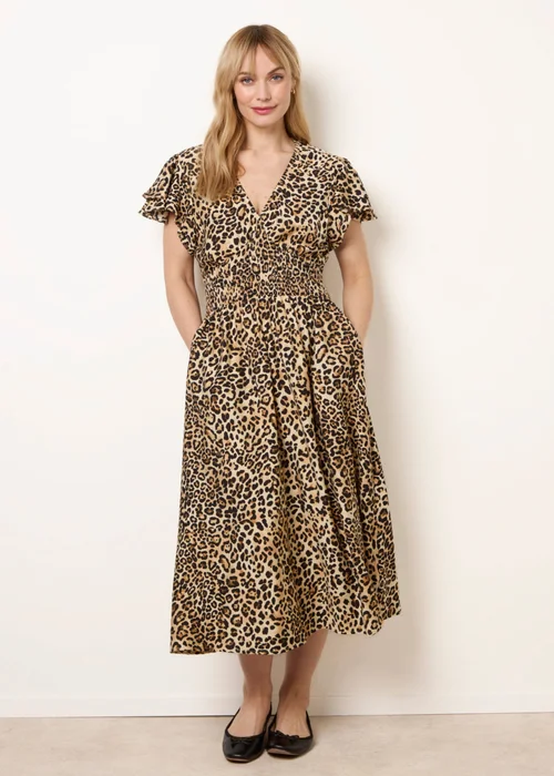 Blue Vanilla Brown Animal Double Frill Shirred Waist Midi Dress - XL Image 1