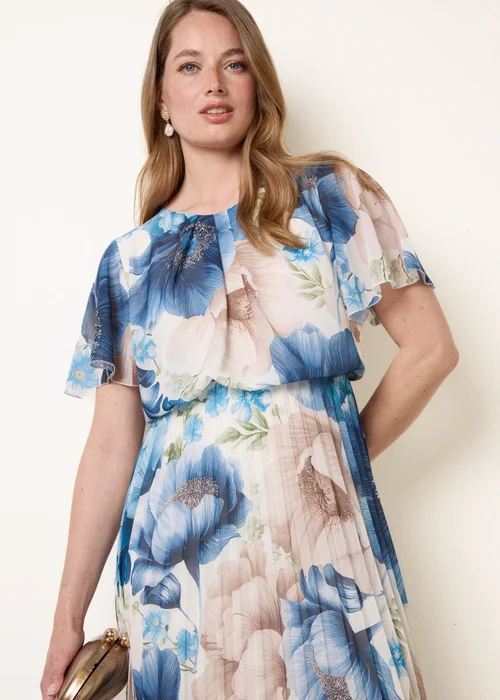 Blue Vanilla Blue Pleated Scoop Neck Short Sleeve Floral Dress - S Image 2