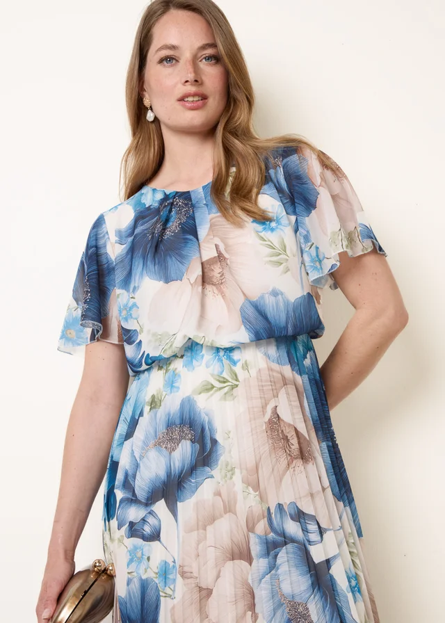 Blue Vanilla Blue Pleated Scoop Neck Short Sleeve Floral Dress