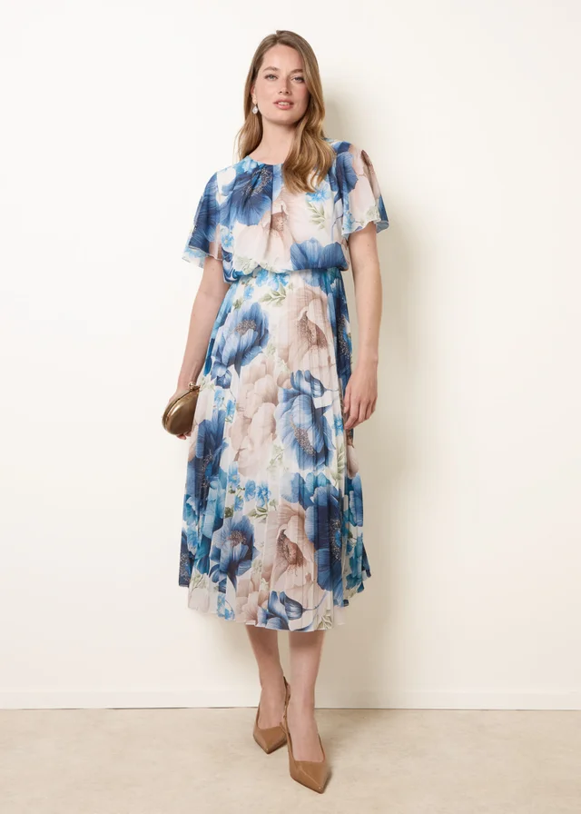 Blue Vanilla Blue Pleated Scoop Neck Short Sleeve Floral Dress