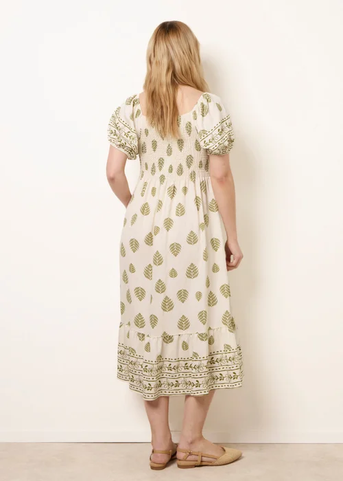 Blue Vanilla Green Square Neck Puff Sleeve Shirred Border Midi Dress - L Image 4