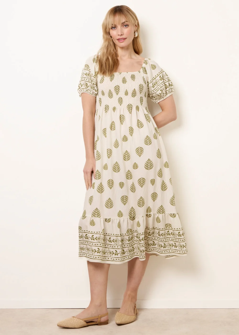 Blue Vanilla Green Square Neck Puff Sleeve Shirred Border Midi Dress - L Image 3