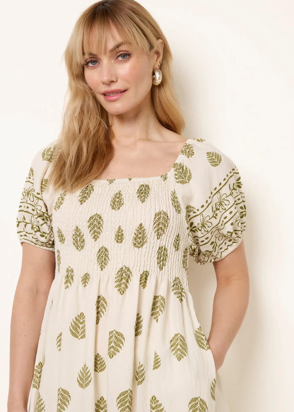 Blue Vanilla Green Square Neck Puff Sleeve Shirred Border Midi Dress - L Image 2