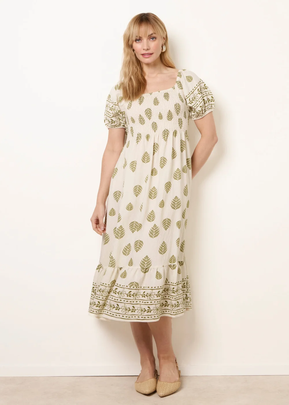 Blue Vanilla Green Square Neck Puff Sleeve Shirred Border Midi Dress - L Image 1
