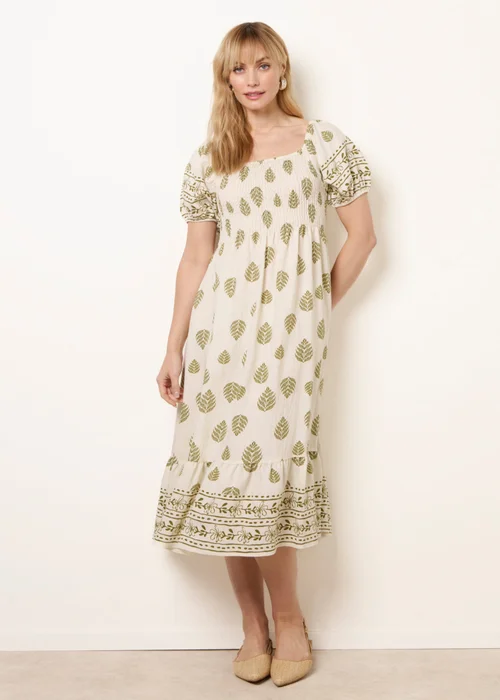 Blue Vanilla Green Square Neck Puff Sleeve Shirred Border Midi Dress - L Image 1