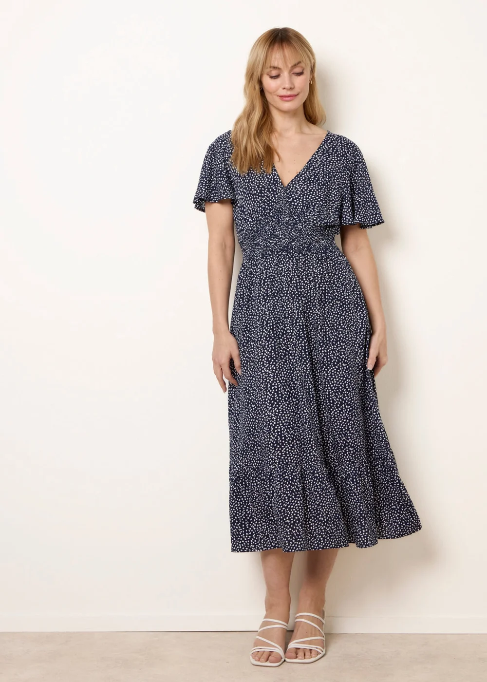 Blue Vanilla Navy Angel Sleeve Shirred Waist Tier Hem Midi Dress - S Image 3